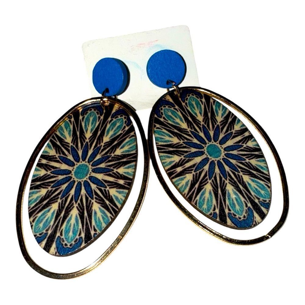 Bohemian Hippie Earth Tone Oval Drop Earrings with Gold Trim Boho Chic